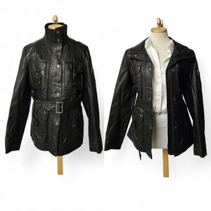 DKNY Leather Military Field Jacket With Leather Belt In Black Size Large